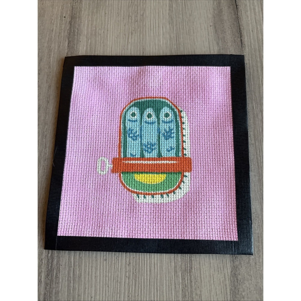 Hand Painted Needlepoint Canvas 14 Mesh 5.75" x 5.75"‎ Sardines In Tin Pink